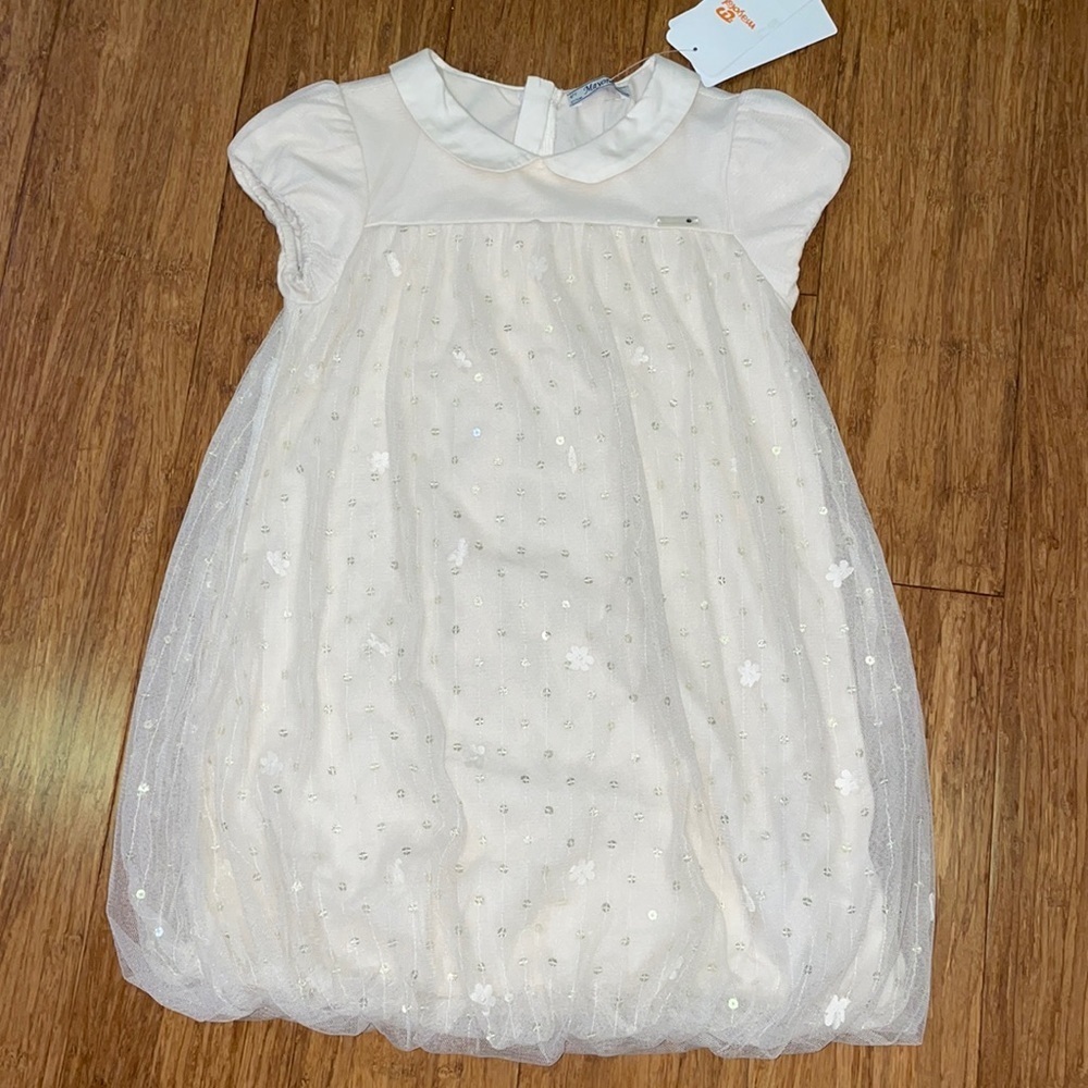 Mayoral girls cream bubble dress with sequin and flower details size 7 NWT